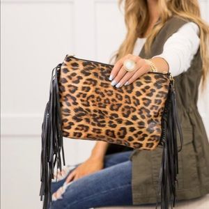 Cheyenne Fringe Leopard Wristlet Clutch Handbag